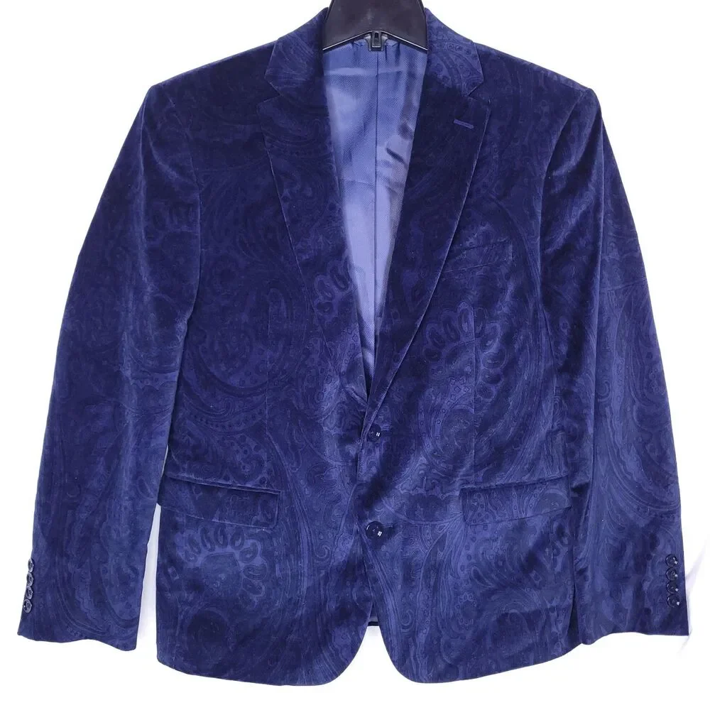 Bar III Blazer Mens 40S Blue Velvet Paisley 2 Button Slim Fit
